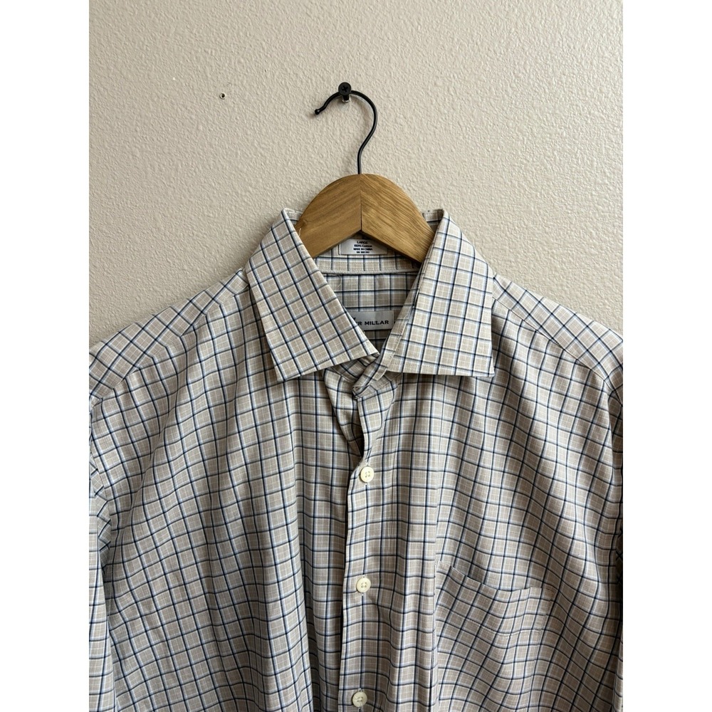 Peter Millar Dress Shirt Large Button Down Beige Blue Cotton Office Career